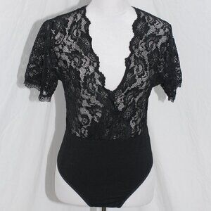 Womens Large Black Bodysuit Crochet Peekaboo Plunge Neck Snaps Bodycon EUC